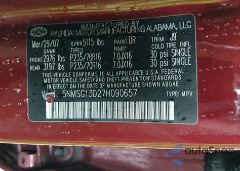 2007 Hyundai Santa Fe Gls z USA, uszkodzony, nr VIN 5NMSG13D27H090657